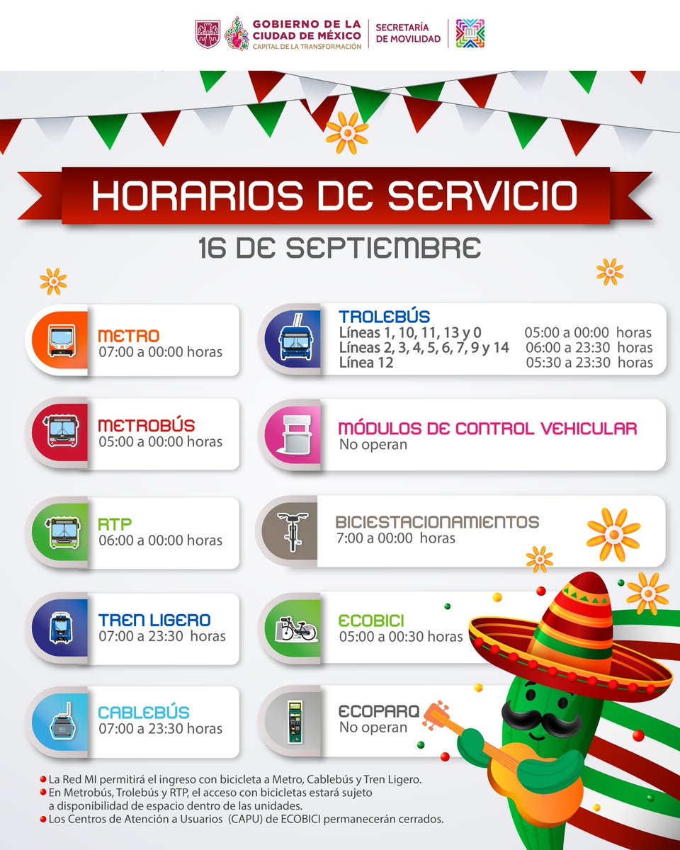 LaSEMOVI's tweet photo. 🔔 INFORMACIÓN IMPORTANTE 🇲🇽

Te compartimos los horarios en los que operará la Red #MI este miércoles 16 de septiembre. 🚎🚍🚡🚇🚲

¡Prevé tus traslados!👇🏻👀 https://t.co/N0Bjp9pFz7