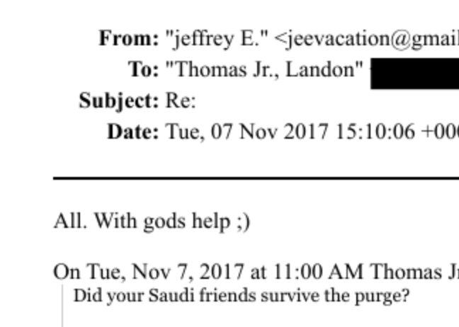 TrueHoop's tweet photo. MBS was not in line to take the throne. But ... forces coalesced to make it so. Around that time Jared Kushner visited. There was a photo of MBS and Epstein cracking up. A journalist asked Epstein if his Saudi friends survived the purge and he said "All. With gods help ;)" https://t.co/nKuVQ85MRC