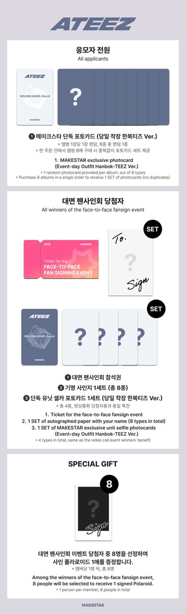 Makestarcorp's tweet photo. #ATEEZ(에이티즈) 14TH MINI ALBUM [GOLDENHOUR : Part.5] (POCAALBUM) MEET&CALL EVENT PART.2

✨스페셜 컨셉 - 본 이벤트는 한복 착장으로 진행됩니다.✨

🎁응모자 전원 메이크스타 단독 포토카드 (당일 착장 한복티즈 Ver.)
🎁당첨자 전원 단독 유닛 셀카 포토카드 1세트 (당일 착장 한복티즈 Ver.)
🎁대면/영상통화 당첨자 중 각 8명을 선정하여 사인 폴라로이드 증정

🗓️- 26.09.17 23:59 (KST)
🔗https://t.co/ejyfwXSVvF