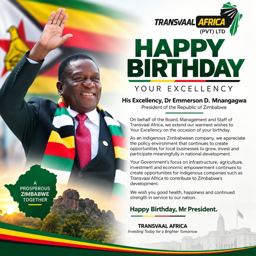 Transvaal_zw's tweet photo. Your Excellency President E.D. Mnangagwa,  
The @Transvaal_zw Team celebrates you today.  
Your leadership, vision, and dedication to building 🇿🇼  is unmatched. Wish you long life, and continued wisdom to guide our nation.  
Happy Birthday, Baba! Zimbabwe  is proud of you. https://t.co/56Q2YBWl0e