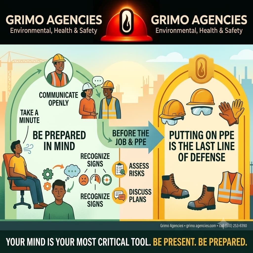GrimoAgencies's tweet photo. Safety Starts in the Mind Before the PPE Goes On
​Personal Protective Equipment (PPE) is essential, but it’s your last line of defense. True workplace safety begins with mental focus, situational awareness, and looking out for one another's wellbeing before step one on the job. https://t.co/frfG99uKGA