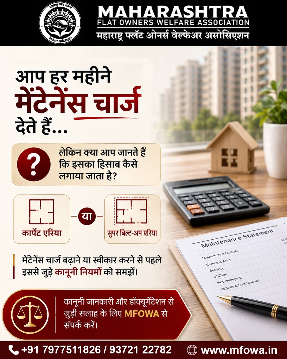 MHFlatWelfare's tweet photo. हर महीने मेंटेनन्स चार्ज देते हैं, लेकिन इसकी गणना कैसे होती है? कार्पेट एरिया, सुपर बिल्ट-अप एरिया या अन्य आधार-चार्ज से पहले सोसायटी के नियम, ठराव और कागदपत्रों की जाँच करें। सही मार्गदर्शन के लिए MFOWA से संपर्क करें।
📞+91 93721 22782
#MFOWA #MaintenanceCharges https://t.co/Z26ZMONudM