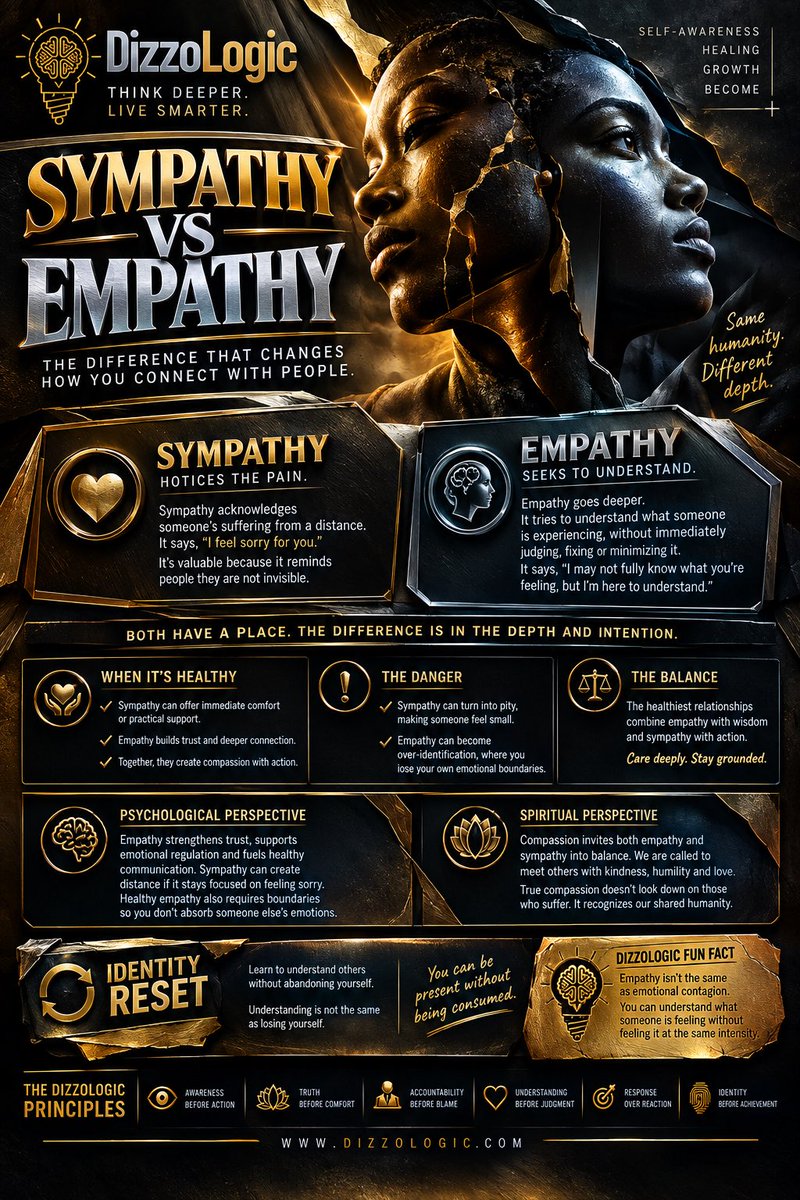 DizzoLogic0101's tweet photo. Sympathy notices your pain.

Empathy tries to understand your experience.

But empathy doesn’t mean absorbing someone else’s emotions.

You can listen without fixing, care without rescuing, understand without agreeing, and support someone without losing yourself. https://t.co/VYBViuUEAb