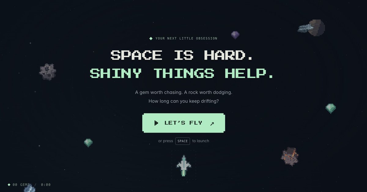 bzalasky's tweet photo. Built a little browser game with AI, inspired by the first game I ever made (with Visual Basic). It’s called Gemdrift. Dodge asteroids, collect gems, and see how long you last.

Give it a try and share your high score...
https://t.co/ZKcATBgqcW https://t.co/qXJjv6AS9i