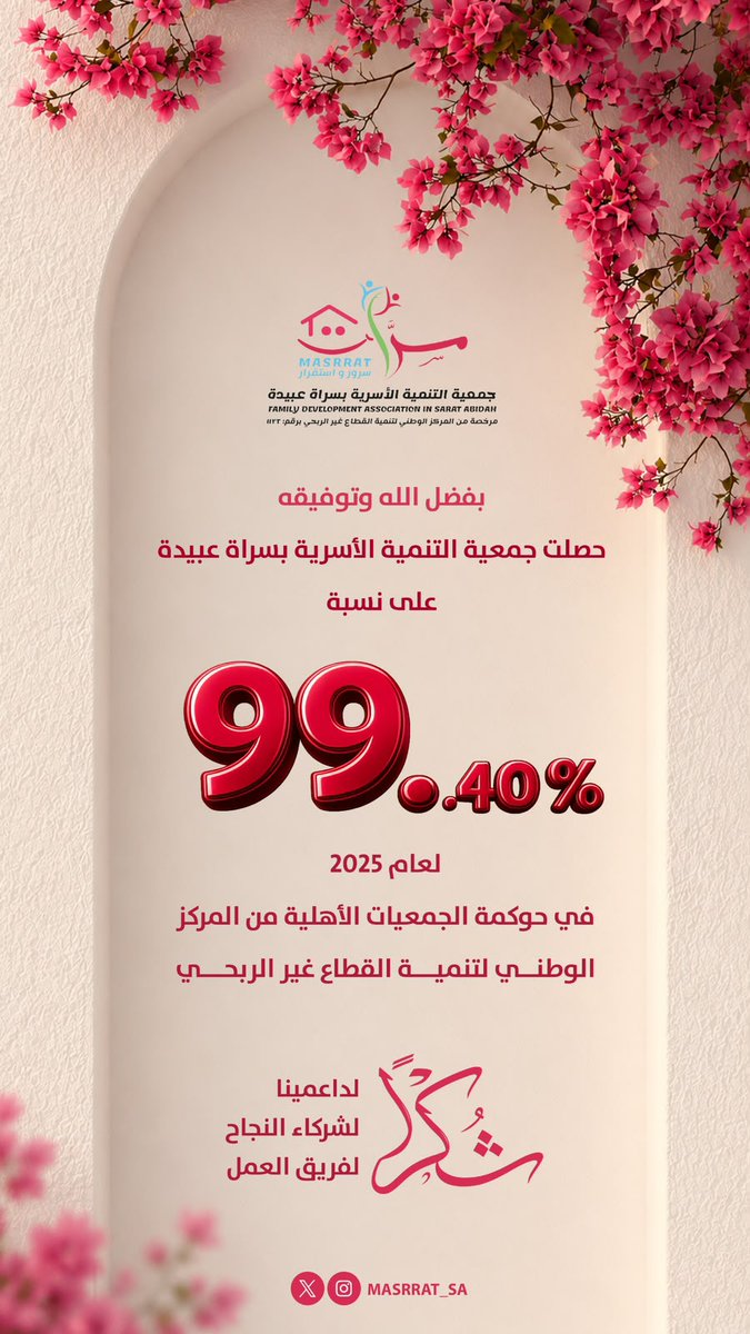 MASRRAT_SA's tweet photo. 🌟 بفضل الله وتوفيقه حققت جمعية مسرّات نسبة 99.40% في حوكمة الجمعيات الأهلية لعام 2025م، وفق تقييم المركز الوطني لتنمية القطاع غير الربحي.
إنجاز نفخر به، وثمرة جهود فريقٍ متكامل ودعمٍ مستمر. 🤍
شكرًا لكل من دعمنا وساندنا.
 معًا نواصل التميز ونصنع الأثر.
#المركز_الوطني 
#التنمية https://t.co/8DPJ4zW4Ht