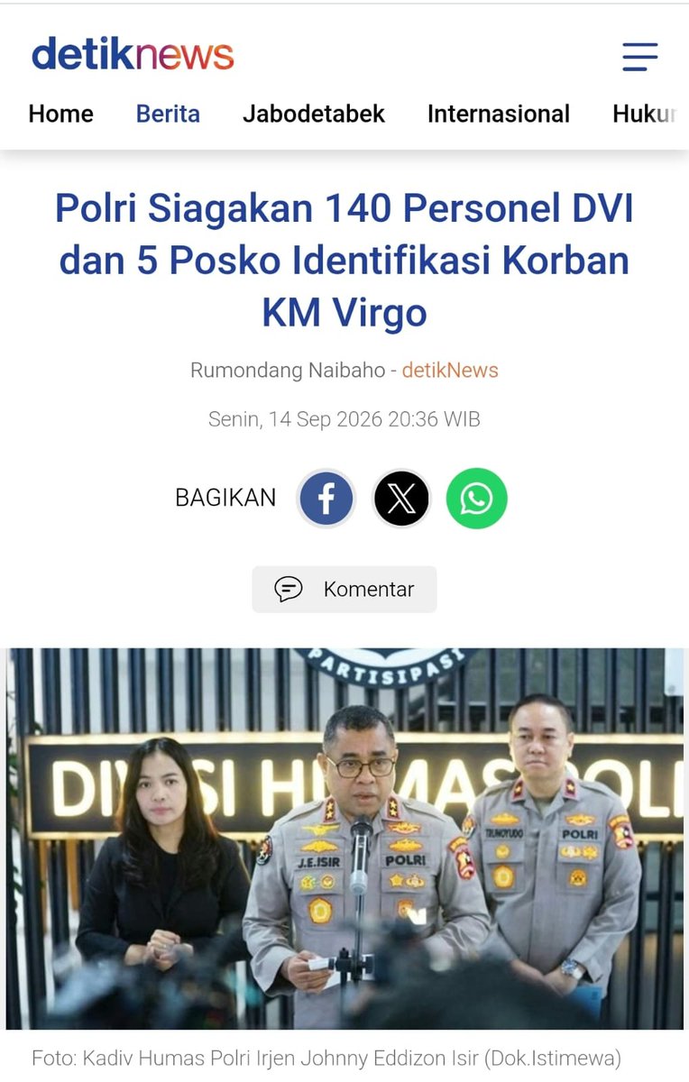itscinat's tweet photo. polri siagakan 140 personel dvi dan 5 posko untuk melakukan identifikasi korban km virgo #SiagaHadapiBencana
Pemulihan Kondisi Indonesia https://t.co/J0zGHfuh2b