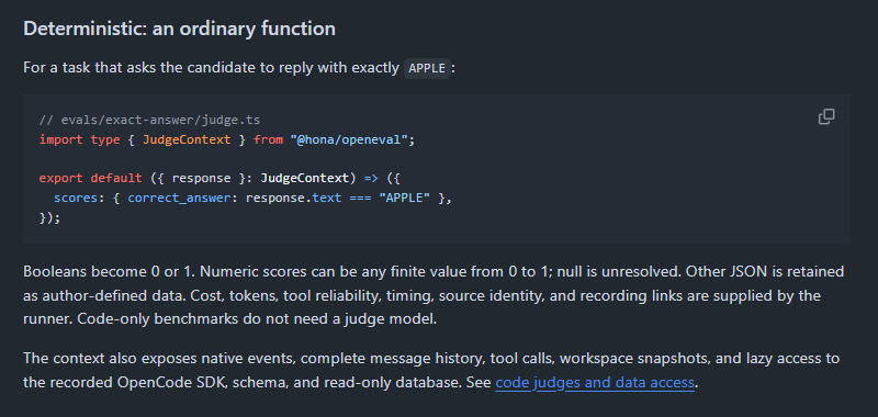 my openeval now has deterministic/code scorers on top of judge.md they can all contribute scores on an eval, either or…