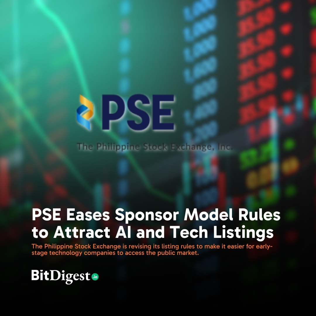 BitDigestdaily's tweet photo. The Philippine Stock Exchange (PSE) is easing its Sponsor Model rules to allow early-stage, high-growth companies in sectors such as AI, fintech, and data centers to tap the equities market. https://t.co/h9B8UXiclC