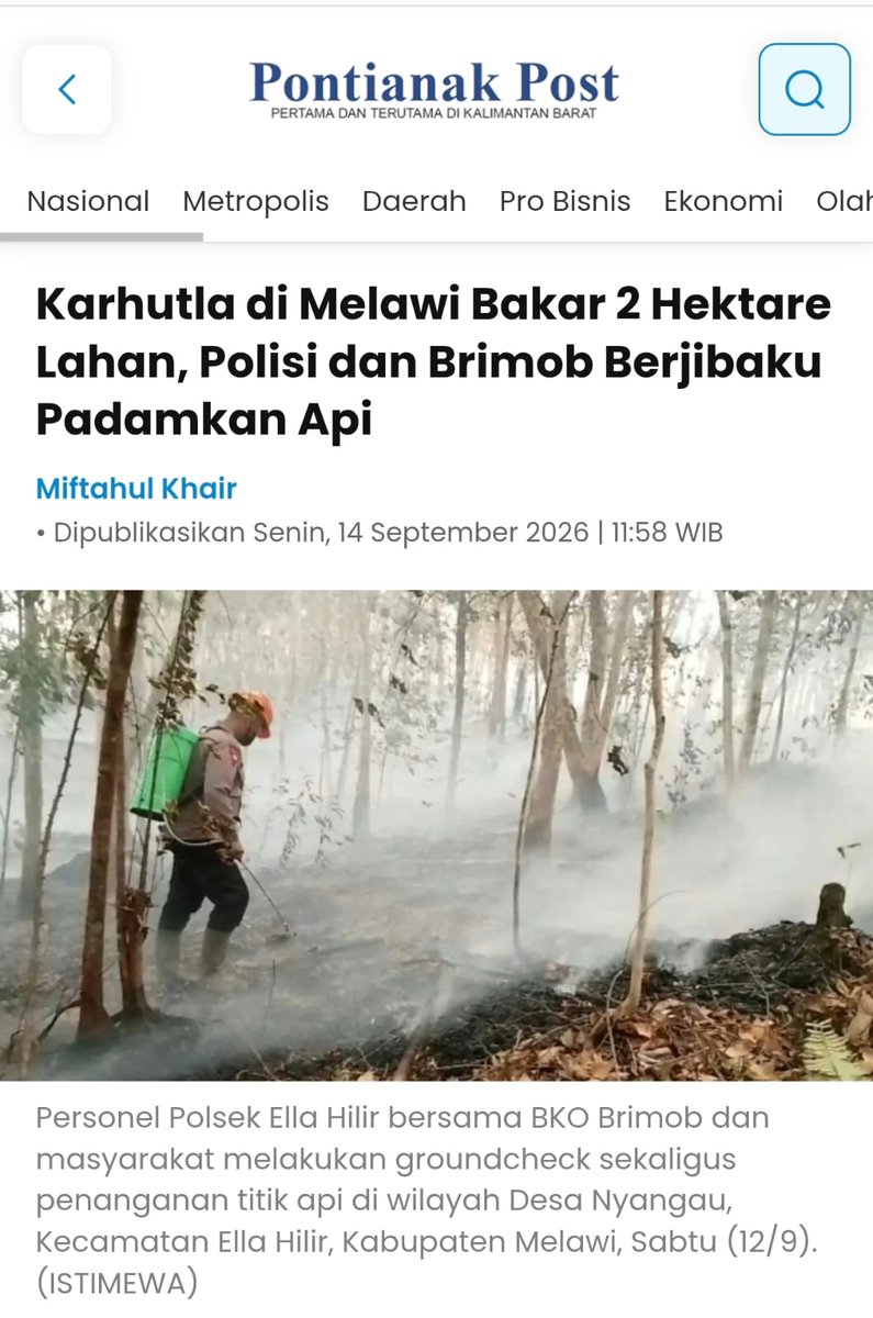 RadityaHilm4n's tweet photo. Respek setinggi-tingginya buat petugas yang bantu Pemulihan Kondisi Indonesia . Karhutla di Melawi Bakar 2 Hektare Lahan, Polisi dan Brimob Berjibaku Padamkan Api.  #SiagaHadapiBencana https://t.co/ZFxZUqfwLH