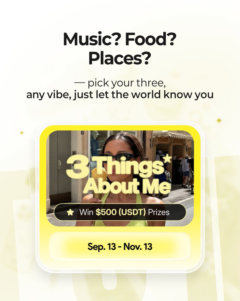 ShortChall's tweet photo. if you had to explain your entire personality using only 3 things… what are you picking? 👀

your playlist?
your comfort food?
your go-to spot?
a person?!

pick 3. no rules, just you😌

✨ 3 Things About Me Challenge
💰 $500 USDT prize pool
📅 Sep 13 – Nov 13

show us your 3 ↓ https://t.co/kR5fXpGnuC