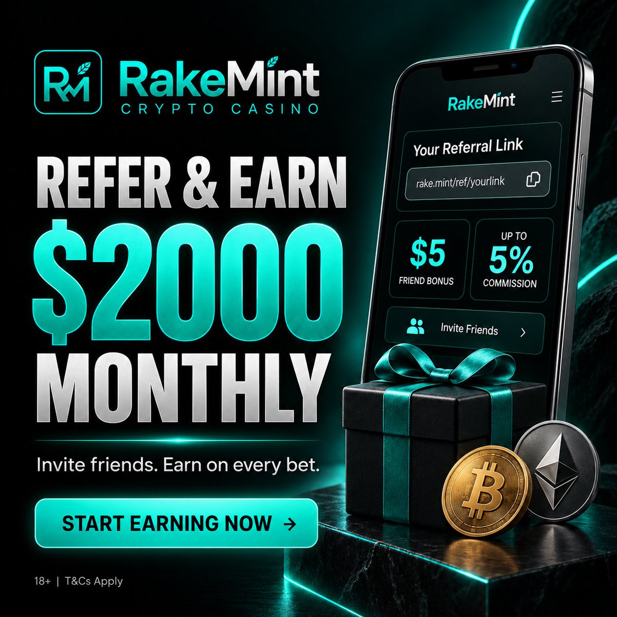 Rakemint_real's tweet photo. Refer friends. Earn up to 5% commission on qualifying bets with @RakeMint.

Your friends get a $5 welcome bonus.

Start earning: https://t.co/ROyCO7kTHh

#RakeMint #CryptoCasino #ReferralBonus #CryptoRewards

18+ | T&amp;Cs apply. https://t.co/ok9CLSI2nS