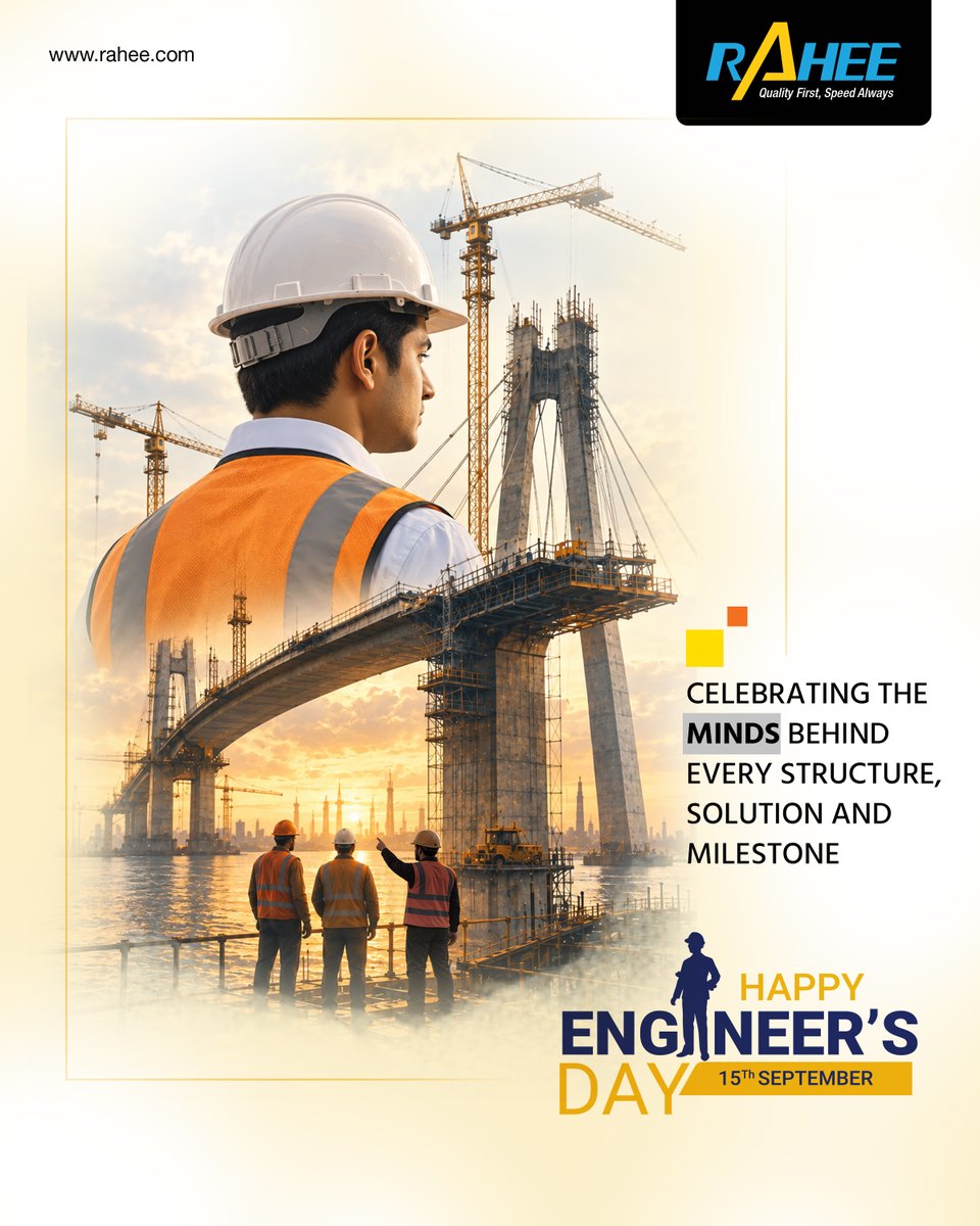 RaheeGroup's tweet photo. This Engineer’s Day, we celebrate the minds behind every structure, solution and milestone. Happy Engineer’s Day! 
#Rahee #RaheeGroup #EngineersDay #HappyEngineersDay #Engineering #Infrastructure https://t.co/1N6Oic8YnC