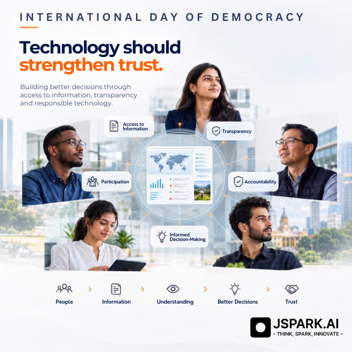 jsparkai's tweet photo. On 𝐈𝐧𝐭𝐞𝐫𝐧𝐚𝐭𝐢𝐨𝐧𝐚𝐥 𝐃𝐚𝐲 𝐨𝐟 𝐃𝐞𝐦𝐨𝐜𝐫𝐚𝐜𝐲, we reflect on the importance of access to information, transparency, and informed decision-making.

At 𝐉𝐒𝐏𝐀𝐑𝐊 𝐀𝐈, we believe responsible AI can help institutions turn complex information into actionable insights, improve operational visibility, and support better decisions.

Because technology should not just make systems faster - it should make them smarter, more responsive, and people-focused.

#InternationalDayOfDemocracy #JSPARKAI #ResponsibleAI #IndiaAI #DigitalIndia #ArtificialIntelligence
