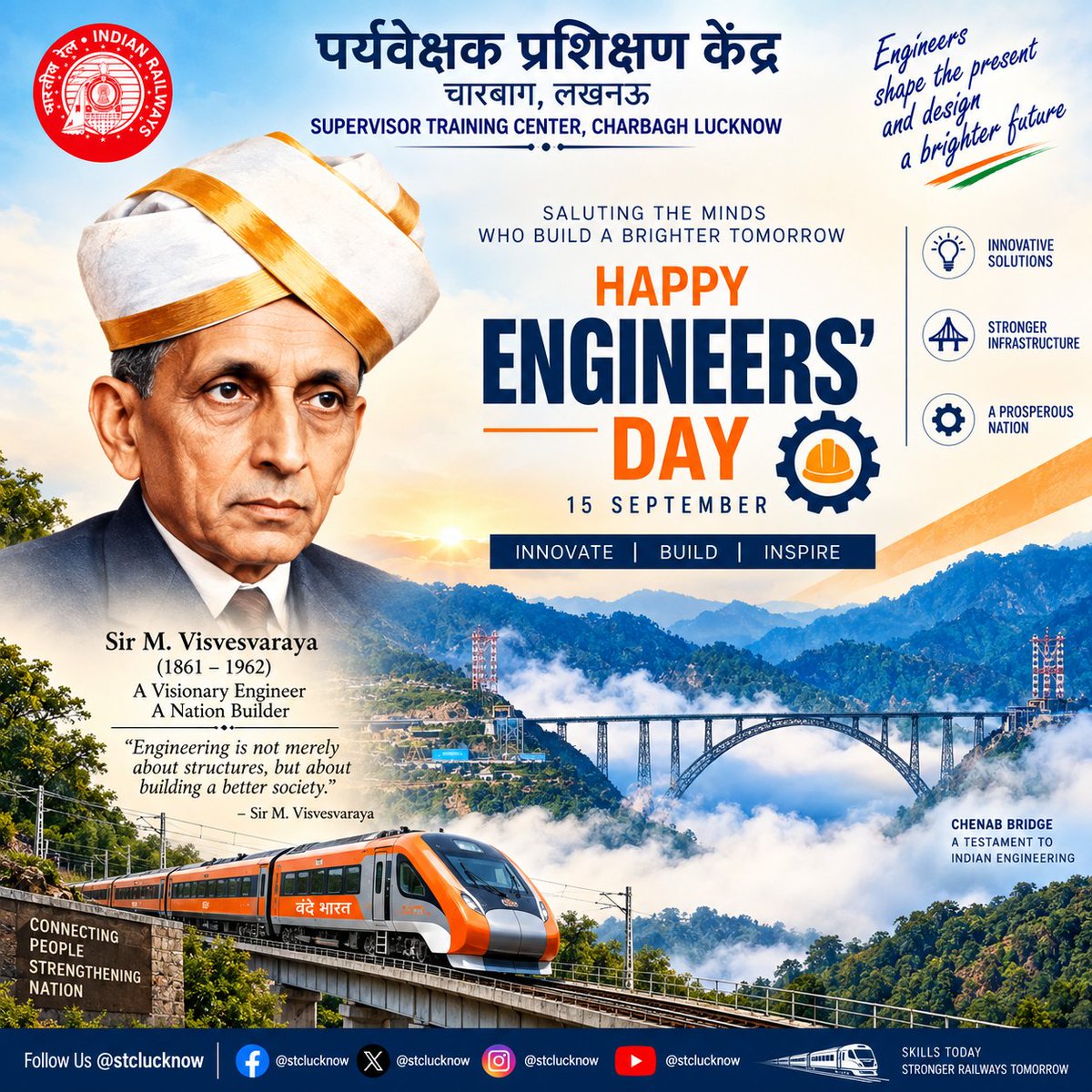 stclucknow's tweet photo. Saluting the vision, innovation &amp; dedication of engineers who build a stronger India. 🇮🇳
Happy Engineers’ Day! 👷‍♂️⚙️

देश के निर्माण में अभियंताओं की दूरदृष्टि, नवाचार एवं समर्पण को नमन। 🇮🇳
अभियंता दिवस की हार्दिक शुभकामनाएँ! 

#EngineersDay #STCLucknow #IndianRailways https://t.co/XdfdmKrcbt