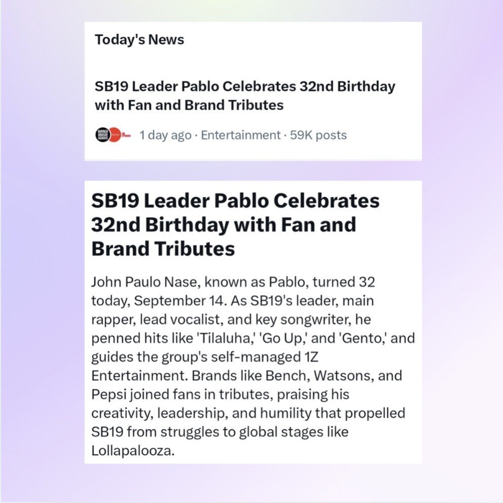 PabloBase_'s tweet photo. SB19 leader Pablo dominated X trends on his 32nd birthday (Sept 14), reaching 59K+ posts.

Fans &amp; brands like Bench, Watsons, and Pepsi celebrated the mastermind behind hits like 'Gento' and President of 1Z Entertainment, honoring his rise to global stages.

#SB19_PABLO #PABLO https://t.co/VBc0Q9tRAZ