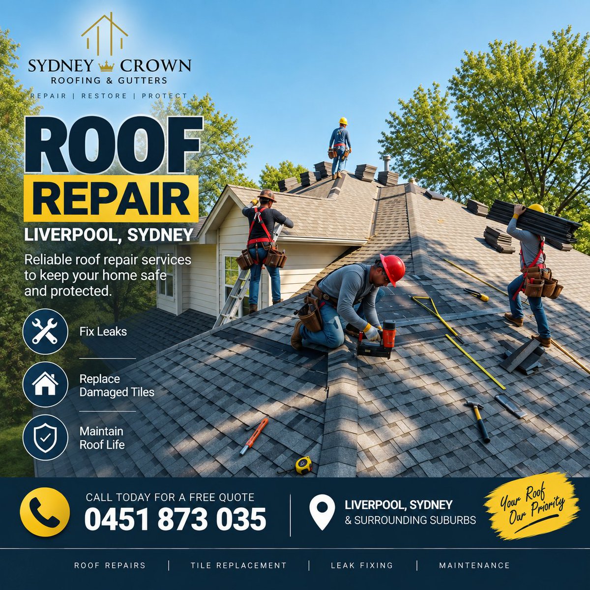 SydneyCrownrof's tweet photo. Roof Repairs in Liverpool

Damaged tiles or loose roofing can lead to bigger problems if ignored. Sydney Crown Roofing &amp; Gutters provides roof repairs in Liverpool, roof inspections in Edmondson Park and tile replacement in Glenfield, servicing Sydney and surrounding suburbs. https://t.co/oDMRlugC6T