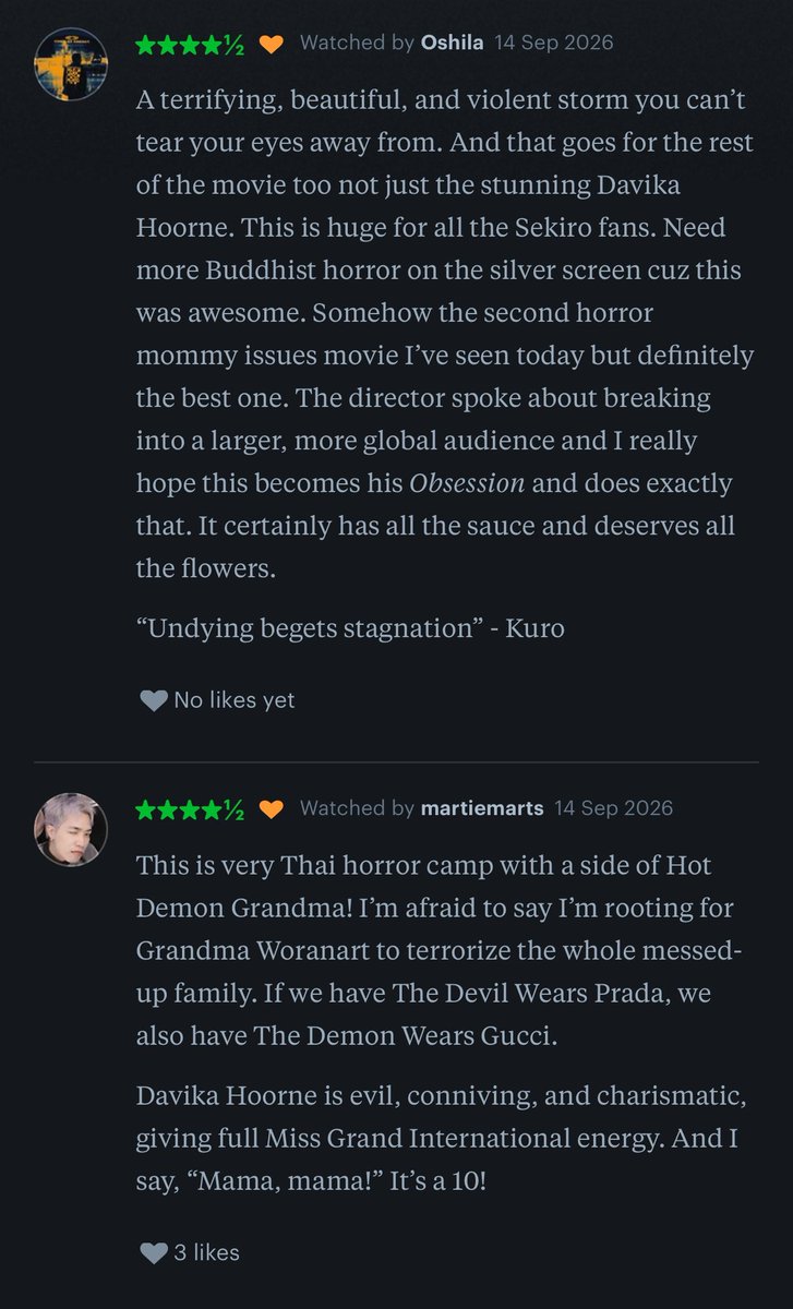 durkhheim's tweet photo. The positive Letterboxd reviews pouring in for Inherit from TIFF 2026 audience 🥹😭🙏👏🎉🥳

#คุณยายวรนาฏ
#INHERIT
#TIFF26xINHERIT
#ใหม่ดาวิกา #davikah https://t.co/hrTyIZYDLh