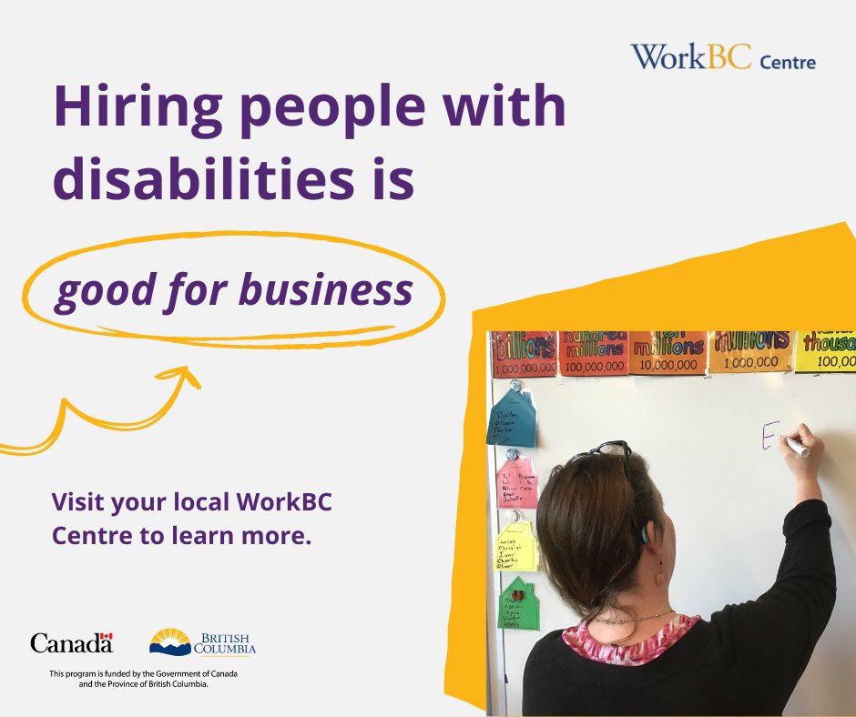 WorkBCAS's tweet photo. Hiring people with disabilities is good for business. Visit your local WorkBC Centre to learn more about building an inclusive team. https://t.co/JBMXzX1VVn