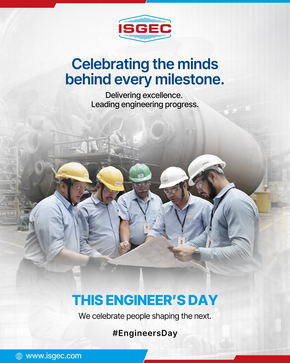 Isgec_engg's tweet photo. This Engineer’s Day, we celebrate the minds that transform challenges into possibilities, plans into progress, and engineering excellence into lasting impact.
Happy Engineer’s Day!
#EngineersDay #Isgec #EngineeringForExcellence #EngineeringInnovation #BuildingTheNext https://t.co/OHeqObLgOC