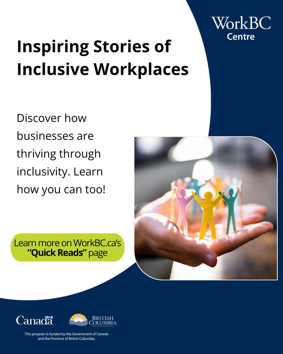 WorkBCAS's tweet photo. Want to see how inclusivity shows up in real workplaces? WorkBC's "Quick Reads" page features stories of businesses thriving through inclusive hiring practices.

🔗 https://t.co/g4jFuZo4a9 https://t.co/3GOwZNdQ9q