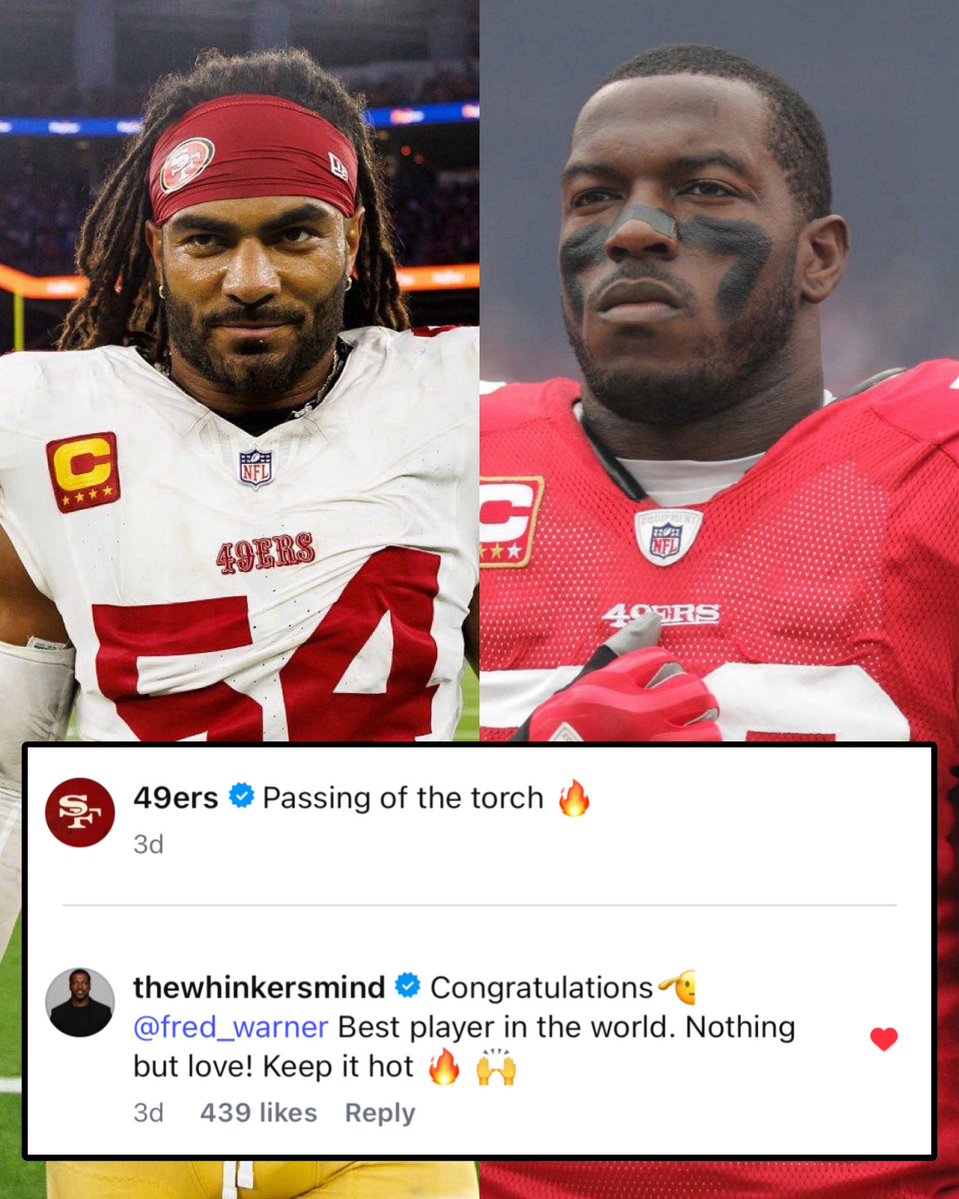 OurSf49ers's tweet photo. Patrick Willis showed love to Fred Warner after he passed him for the most tackles in franchise history 🤝 https://t.co/Jqw7hQcmLD