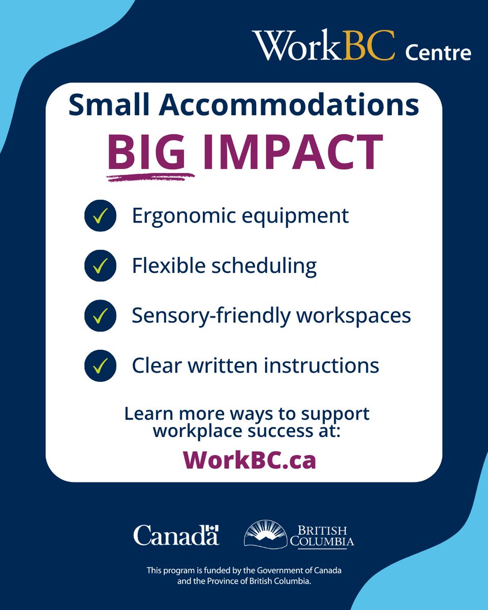 WorkBCAS's tweet photo. Workplace accommodations don't have to be complicated to make a real difference:

🔹 Ergonomic equipment
🔹 Flexible scheduling
🔹 Sensory-friendly workspaces
🔹 Clear written instructions

Learn more ways to support workplace success at https://t.co/HIVfxfZsPu. https://t.co/79gYCGwQ4A
