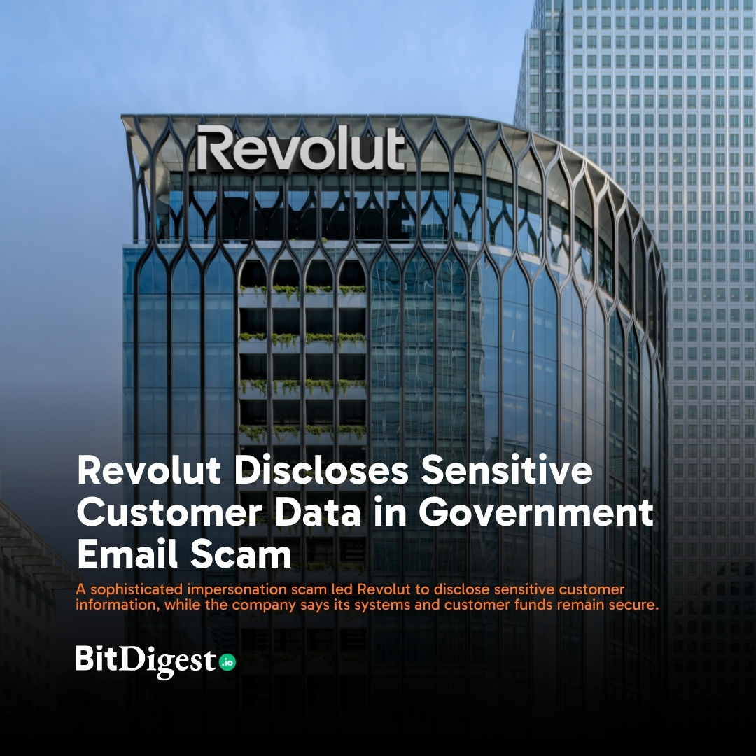 BitDigestdaily's tweet photo. Revolut said it disclosed data to an unauthorized third party after receiving fraudulent information requests from an account on a legitimate government agency domain. https://t.co/zwtcVkIBxO