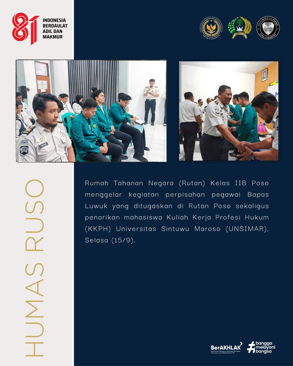 PosoRutan's tweet photo. Penuh Keakraban, Rutan Poso Gelar Perpisahan Pegawai Bapas Luwuk dan Penarikan Mahasiswa KKPH UNSIMAR 

SELENGKAPNYA: https://t.co/lUqiNK1Nck

#RutanPoso #BapasLuwuk #UNSIMAR #FakultasHukum #KKPHUNSIMAR #Pemasyarakatan https://t.co/PP6o4oopKz