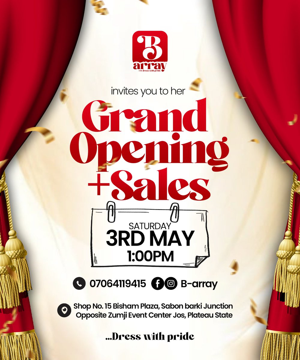GodsontiriI's tweet photo. Day 12/30
Project: B-array Grand opening flyer
Year: 2025
Software: Photoshop
#30DayDesignChallenge #His3designs #GraphicDesigner #josnigeria #graphicdesignerinjos https://t.co/9YzxboqBFl