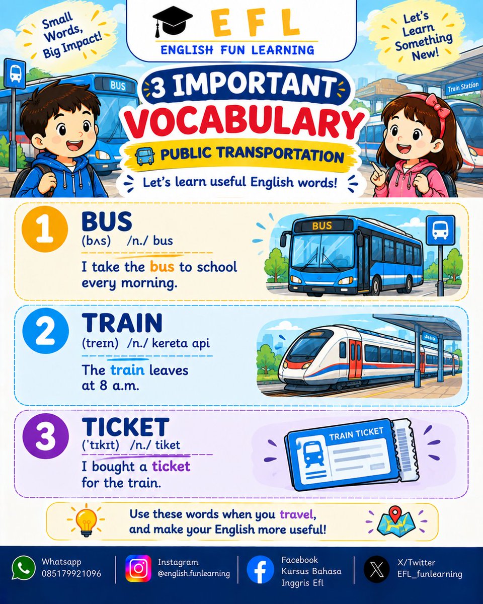EFL_funlearning's tweet photo. 🚌 Public Transportation — Vocabulary! 🚆
Let’s learn 3 useful English words:
🚌 Bus — bus
🚆 Train — kereta api
🎫 Ticket — tiket
Which one do you use most often? Tell us in English! 💬✨
#EFL #EnglishLearning #Vocabulary #PublicTransportation https://t.co/2rjYUhuZpA