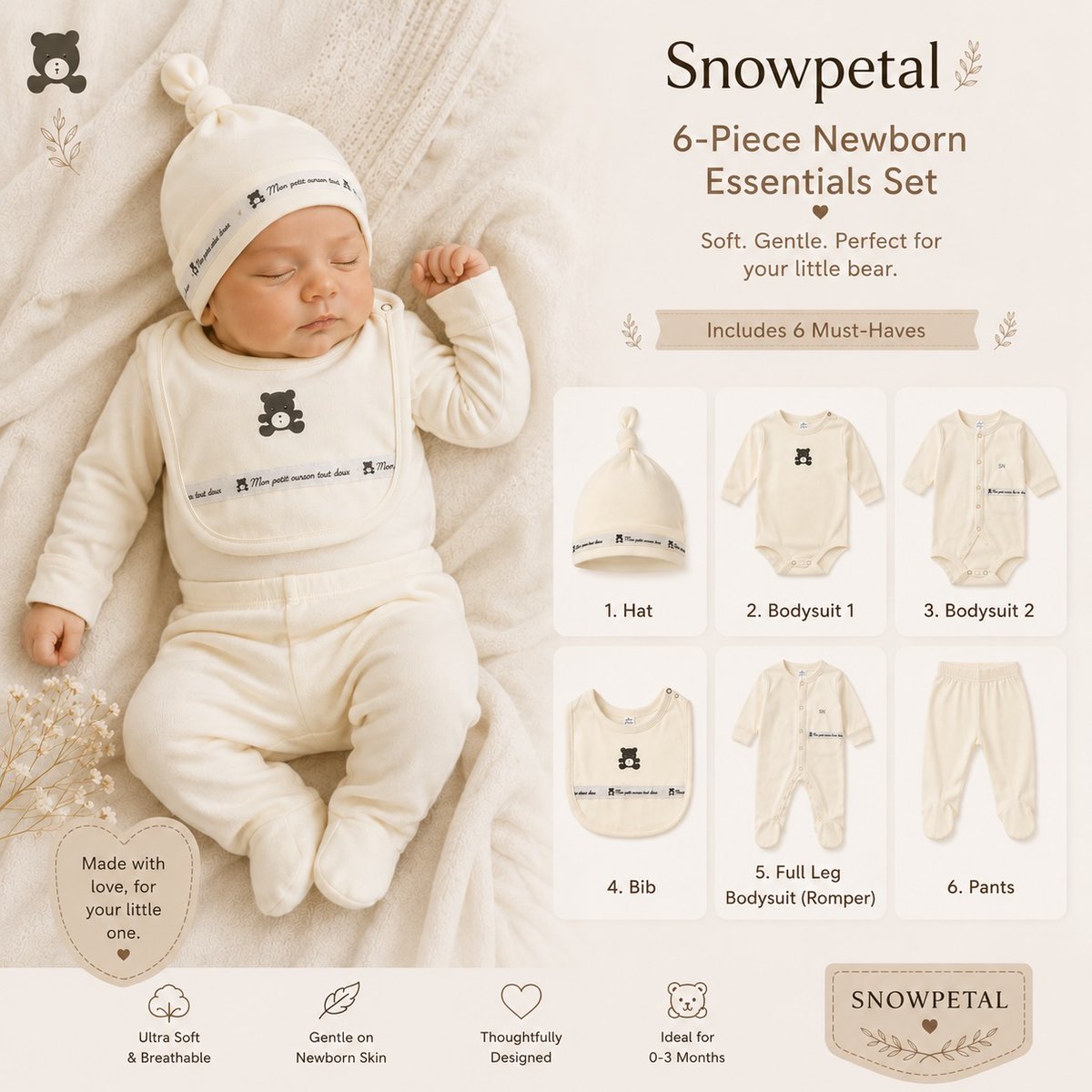 JPalmacente's tweet photo. Introducing the Snowpetal 6-Piece Newborn Essentials Set in premium 100% cotton. Soft, breathable, and gentle on delicate skin. Includes a hat, bodysuits, bib, romper, and pants. Available in Ivory, sizes 0–9M. Rs 900. DM to order. https://t.co/Z1FFg4LgP5