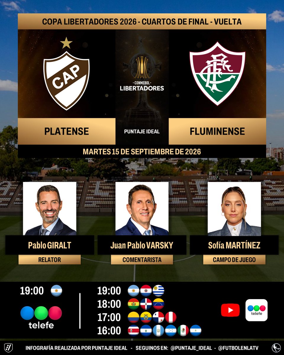Puntaje_Ideal's tweet photo. โฝ #Libertadoresโฏโฏ| ๐ฆ๐ท #Platense vs. #Fluminense ๐ง๐ท
๐๏ธ Relator: @giraltpablo
๐๏ธ Comentarista: Juan Pablo Varsky
๐๏ธ Campo de juego: @SofiMMartinez
๐บ @telefe ๐ฆ๐ท
๐ป๐ฑ #MiTelefe ๐ฆ๐ท
๐ป๐ฑ #YouTube de @telefe Latam (โ๐จ๐ฑ๐ฒ๐ฝ)
๐คณ #LibertadoresEnTelefe - #GloriaEterna
Dale RT ๐ https://t.co/UenUzlme6R