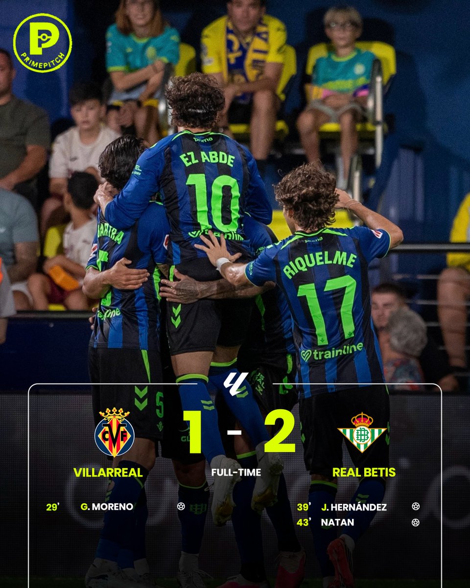 PrimePitch_'s tweet photo. Real Betis staged an impressive first-half turnaround at the Estadio de la Cerámica, coming from behind to defeat Villarreal 2–1 and surge into the top three of La Liga https://t.co/QfV6bLJ7Vc