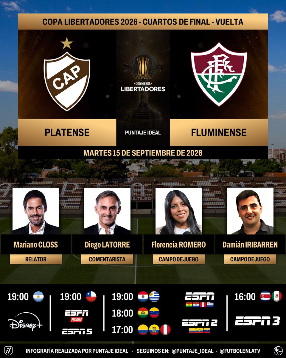 Puntaje_Ideal's tweet photo. ⚽ #Libertadores  | 🇦🇷 #Platense vs. #Fluminense 🇧🇷
🎙️ Relator: Mariano Closs
🎙️ Comentarista: @dflatorre
🎙️ CdJ: @florjuy_ - @damianiribarren
📺 #ESPNPremium - #ESPN5 🇨🇱
📺 #ESPN 🇧🇴🇵🇾🇵🇪🇺🇾 // #ESPN2 🇨🇴🇪🇨🇻🇪
📺 #ESPN3 Norte
💻📱 @disneyplusla Latinoamérica
🤳 #LIBERTADORESxESPN - #GloriaEterna   
Dale RT 🔃