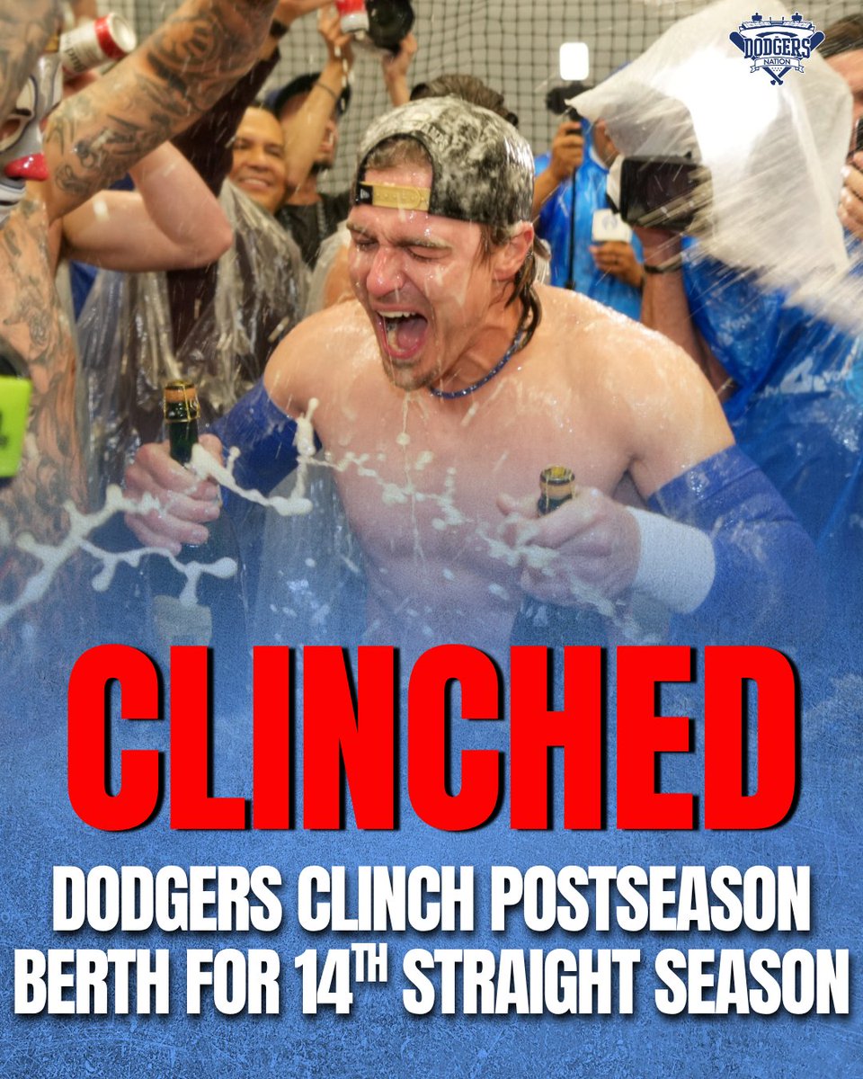 DodgersNation's tweet photo. OCTOBER, HERE WE COME!🤩

The Dodgers clinch a postseason berth for the 14th straight season, the longest active streak and tying the Braves (1991-2005) for the longest streak in MLB history. Now let’s go get another one…💍💍🙏 https://t.co/5cttTN5mBZ