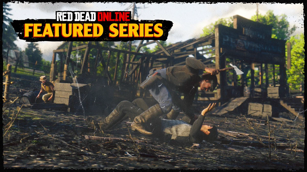 Red Dead Online Featured Series poster featuring a character raising a small axe as they pin another character down. 
