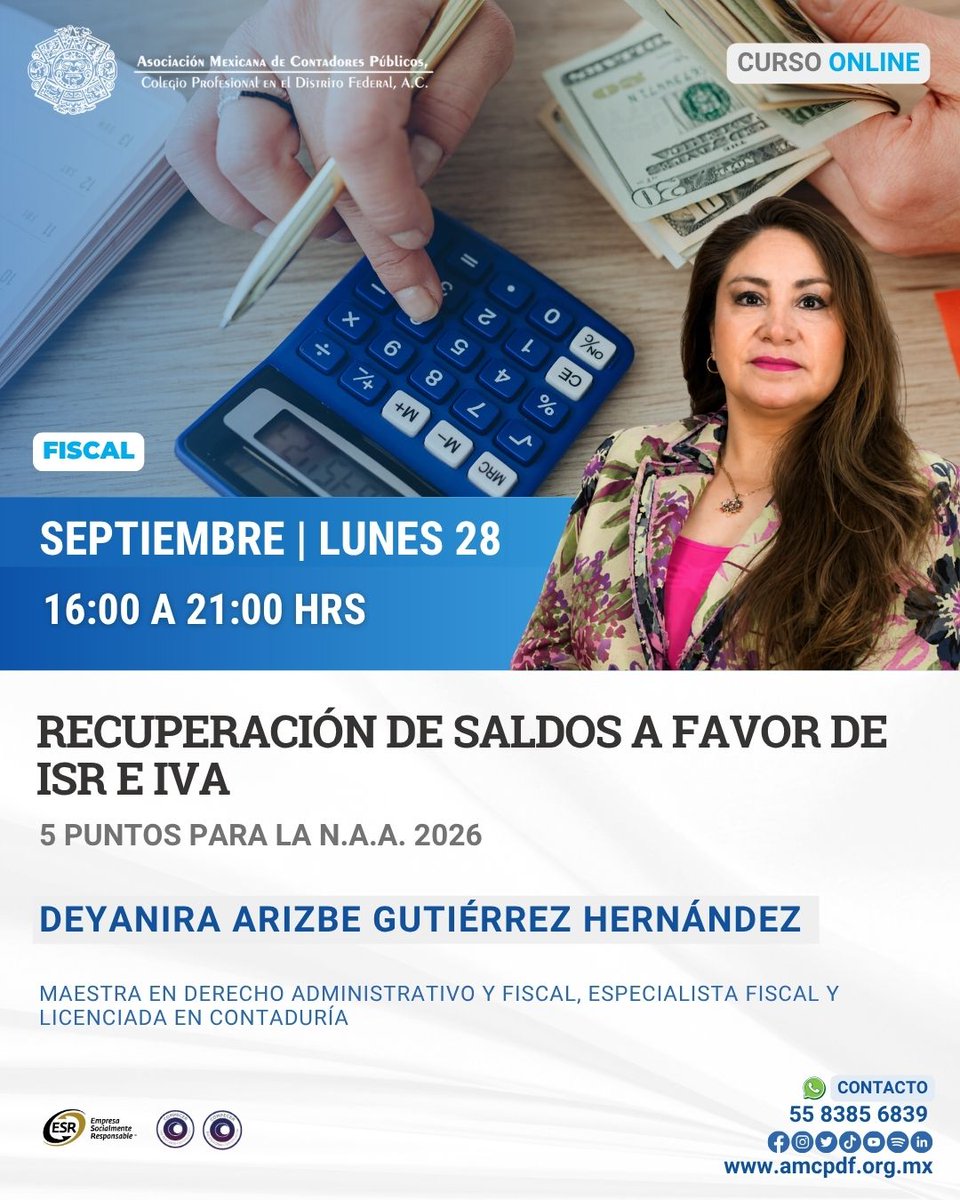 amcpdf's tweet photo. 💰 Participa en el curso “Recuperación de saldos a favor de ISR e IVA”, impartido por la Mtra. Deyanira Arizbe Gutiérrez Hernández, y conoce los requisitos y procedimientos necesarios para solicitar su devolución.

🔗: https://t.co/LYtwuhCMVa

#SaldosAFavor #AMCP https://t.co/QigsLVGMix