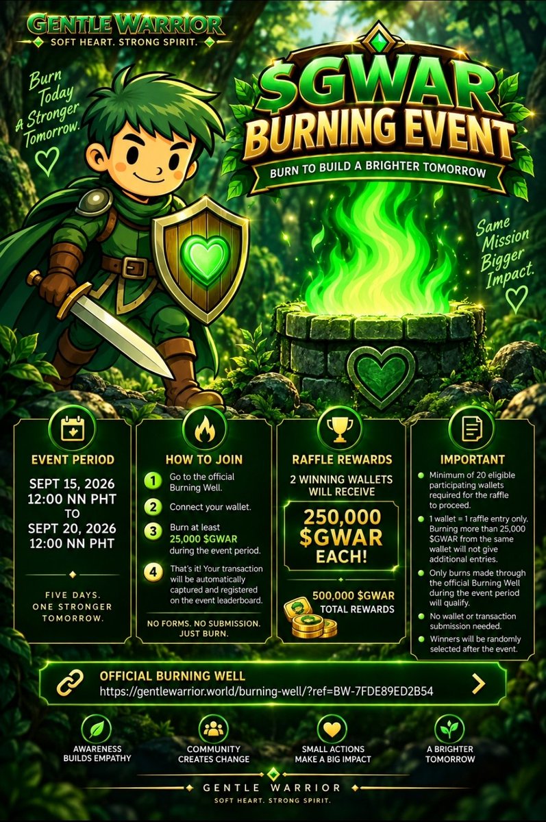 GentleWarrior02's tweet photo. 🔥 $GWAR BURNING EVENT — OFFICIAL MECHANICS

Burn Together. Strengthen the Ecosystem. 🔥

📅 Event Period
September 15, 2026 — 12:00 NN PHT
to September 20, 2026 — 12:00 NN PHT

🔥 HOW TO JOIN

1. Go to the official Burning Well using the link below:
[https://t.co/5RTbDxFmaG]

2. Connect your Solana wallet.

3. Burn at least 25,000 $GWAR in a single qualifying transaction during the event period.

4. That's it — no forms, no wallet submission, and no transaction hash submission required.

Burning Well will automatically capture your qualifying transaction and register it on the event leaderboard.

🎟️ 1 Wallet = Maximum 1 Raffle Entry
Burning multiple times using the same wallet will not give additional raffle entries.

🏆 RAFFLE REWARDS

The event requires at least 20 eligible participating wallets for the raffle to proceed.

Once reached:

🏆 2 winning wallets
💰 250,000 $GWAR each
🔥 500,000 $GWAR Total Rewards

Only burns successfully completed through the official Burning Well during the event period and recorded by the event system will qualify.

25K $GWAR BURN → 1 ENTRY → 2 WINNERS OF 250K $GWAR

🔥 Burn through the Well. Get on the leaderboard. Join the raffle.

Soft Heart. Strong Spirit.
Stronger Together. 💚

#BurningWell #GentleWarrior #GWAR $GWAR
