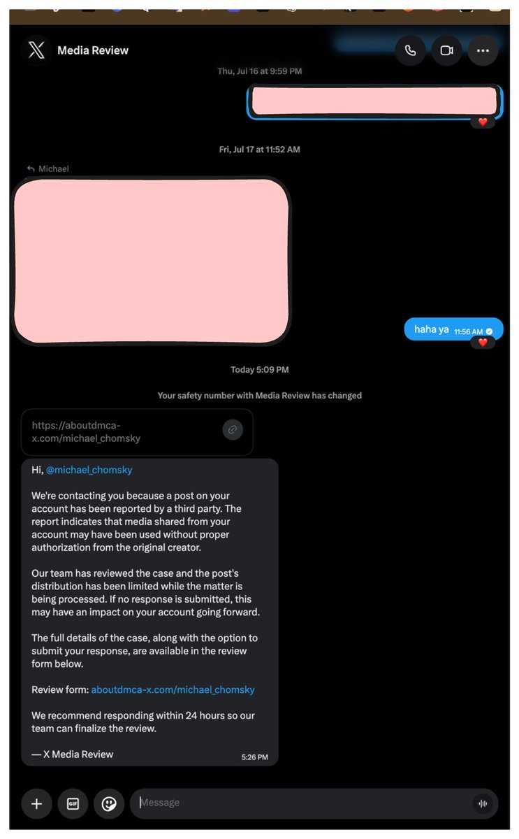 michael_chomsky's tweet photo. I just experienced an incredible hack attempt on my X account.

First, they hacked into a @composio employee's account. We had prior messaging there, which made it clear whose account it was.

Then, they sent me a message that looked like it was from the X media team, asking me to appeal a copyright infringement preventing me from getting paid for a certain post.

This was pretty realistic, and I basically fell for it.

The link associated was not on X, which was the first warning, but looked extremely realistic.
https://t.co/BnVudIZ7qI

If you appeal, you're prompted to enter your password.

I have been fished before, but this was the best attempt by far. 

No weird ui, everything looks super realistic until you look more closely.

Of course https://t.co/NJmEmYYl4T is the wrong url, but as I was on my phone I didn't notice.

The terms of service and privacy policy buttons didn't work, but otherwise the login looked x-like.

Be careful out there, and never trust ANY websites that are not on x .com. These phishers are becoming increasingly sophisticated.

Once they take over your account, they usually release a plausible crypto token.

Much much worse is they likely sell off the password you entered! If you share a password between accounts you may be in massive trouble.

Interestingly in this case a Composio employee was used to access my dms directly. They did not remove the composio badge from the account, which was another telltale sign.

There is a massive opportunity right now in protecting employee X accounts from fishing, as I suspect companies will catch on to the liability risk here.