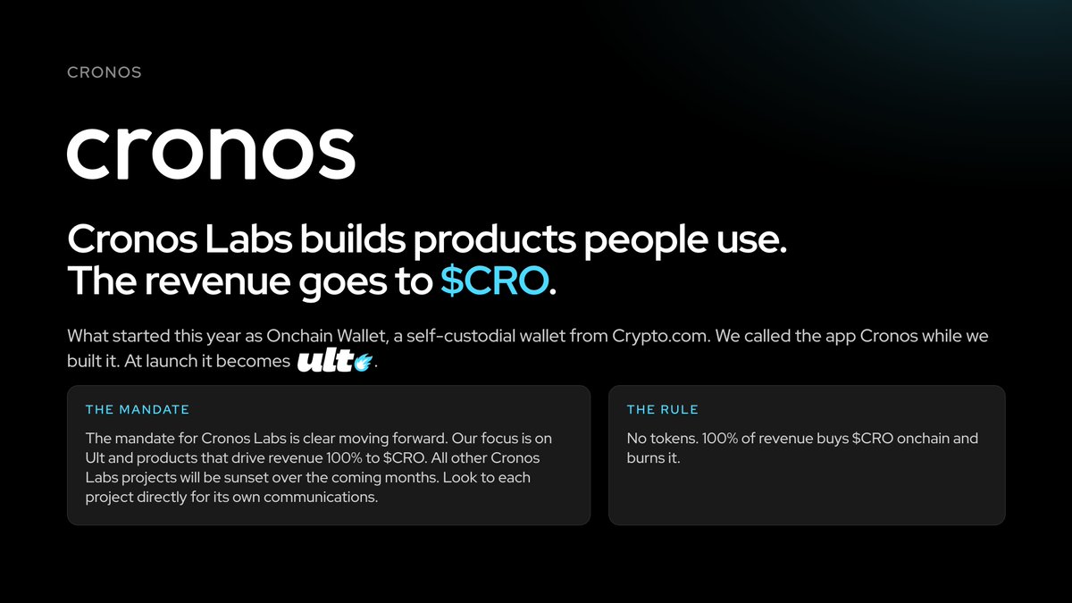 Fwiz's tweet photo. The strategy we laid out brings clarity for users and developers across Cronos. Go check it all out at https://t.co/D8W3CUhcnd 

(1) We're naming our trading app @UltApp. Ult is short for Ultimate, the most powerful ability you unlock. Our goal is to give you the most powerful ability to trade: anything you want, whenever you want, wherever you want. Most of what's inside Ult doesn't run on @CronosNetwork, so the old name told traders the wrong thing of what's available in the app to trade.

(2) The first of more tokenomics discussions to come, starting with two proposals. 100% of Ult and Cronos Launch revenue goes toward buying and burning crypto-com-chain:native, and the community burn gets automated. This is just a start.

(3) The mandate for Cronos Labs is clear. Our focus is Ult and products that drive 100% of revenue to crypto-com-chain:native. Every other Cronos Labs project will be sunset over the coming months. Look to each project directly for its own communications.

(4) Some of what developers told us they want:

A clear path to be considered for listings at @cryptocom  We're laying out the review eligibility. Token launchpad information comes out this week. Equal treatment for developers on other launchpads, and for tokens that already exist on Cronos Network. We want everyone to win.

Ease of building: familiar EVM tooling and a 24/7 settlement network with key integrations like a direct on/offramp with @cryptocom and Native USDC. Then distribution as Ult grows, for example through token listing and routing once execution quality improvements ship.

This is just the start of much more to come, but we wanted to lay down the foundation. See you on Ult, Thursday September 17th, on iOS and Android available to the world.