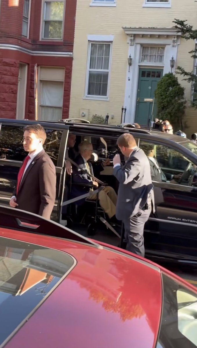 SarahisCensored's tweet photo. Mitch McConnell was just seen being wheeled from his home into a wheelchair-accessible van to head back to the Senate after being absent from public view for THREE MONTHS.

He is 84 years old and has been recovering from a serious fall and hospitalization.

At what point do we admit that this is completely insane?

We are not a serious country.