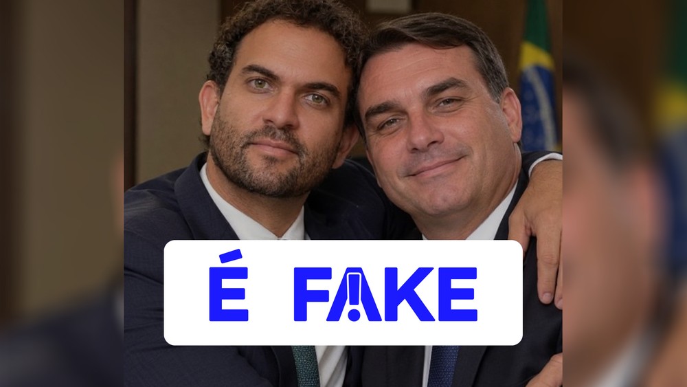 g1's tweet photo. É #FAKE que Felipe Nunes fez foto com Flávio Bolsonaro e que Quaest pertence ao Banco Genial; imagem foi fabricada com IA https://t.co/XLUkFy0zqB https://t.co/krN6xNJclZ