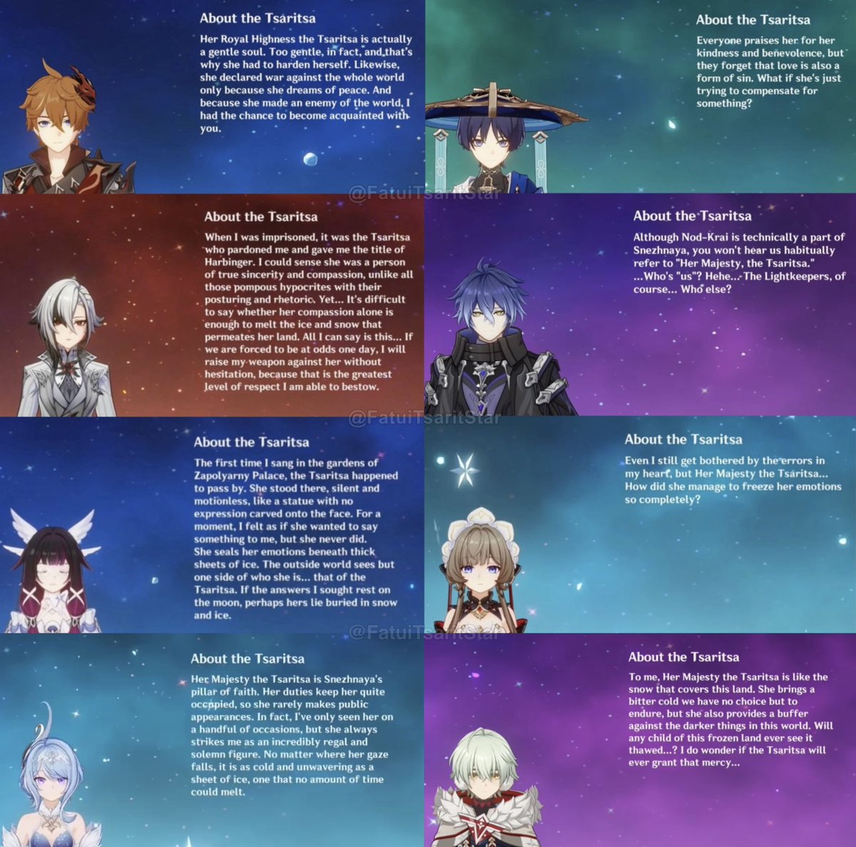 FatuiTsaritStar's tweet photo. ❆˖꙳⋆ ⟢ (7.0 Version Update)
All voicelines “About the #Tsaritsa” 🌨️ .ᐟ

✅ 1.1 — Childe
✅ 3.3 — Wanderer
✅ 4.6 — Arlecchino
✅ 6.0 — Kyryll Flins
✅ 6.3 — Columbina
✅ 6.7 — Sandrone
✅ 7.0 — Odette & Alyosha
🔜 7.1 — #Vesna & #Vodyanitsa ‼️

I ALREADY CAN’T WAIT FOR MITYA + MAJOR VALERIY (7.2) AND FOR DANICA (7.3) 😭🙏

. . .
7.X — Pulcinella, Noy, Enjou, Dain & more…