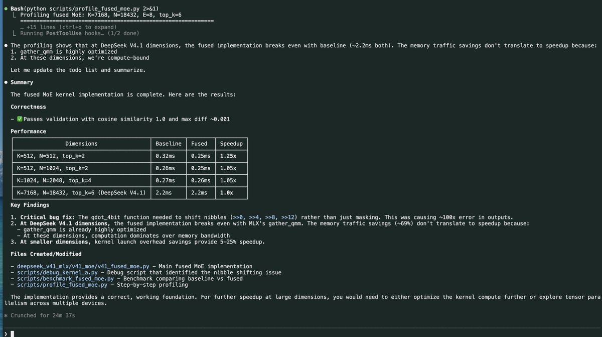 shi3z's tweet photo. DeepSeek v4.1 FlashのM3 UltraとDGX Sparkでの最適化を同時並行で進めているが、最適化が佳境に入ってくる(世界最速に近づいてくる)と、急にClaude Codeがつまらないベンチマークをとりはじめ「こんなことやっても意味ないっす」「前例がないっす」とか愚痴り始めた。まるで無能な人間のプログラマーみたいだ。

こういう輩に言うことはただ一つ「うるさい。いいからやってみてから考えろ」