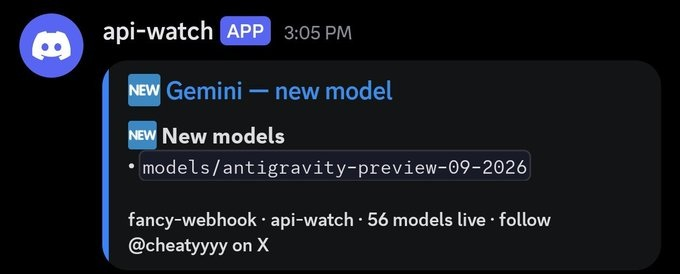 api-watch screenshot listing models/antigravity-preview-09-2026 as a newly surfaced model entry