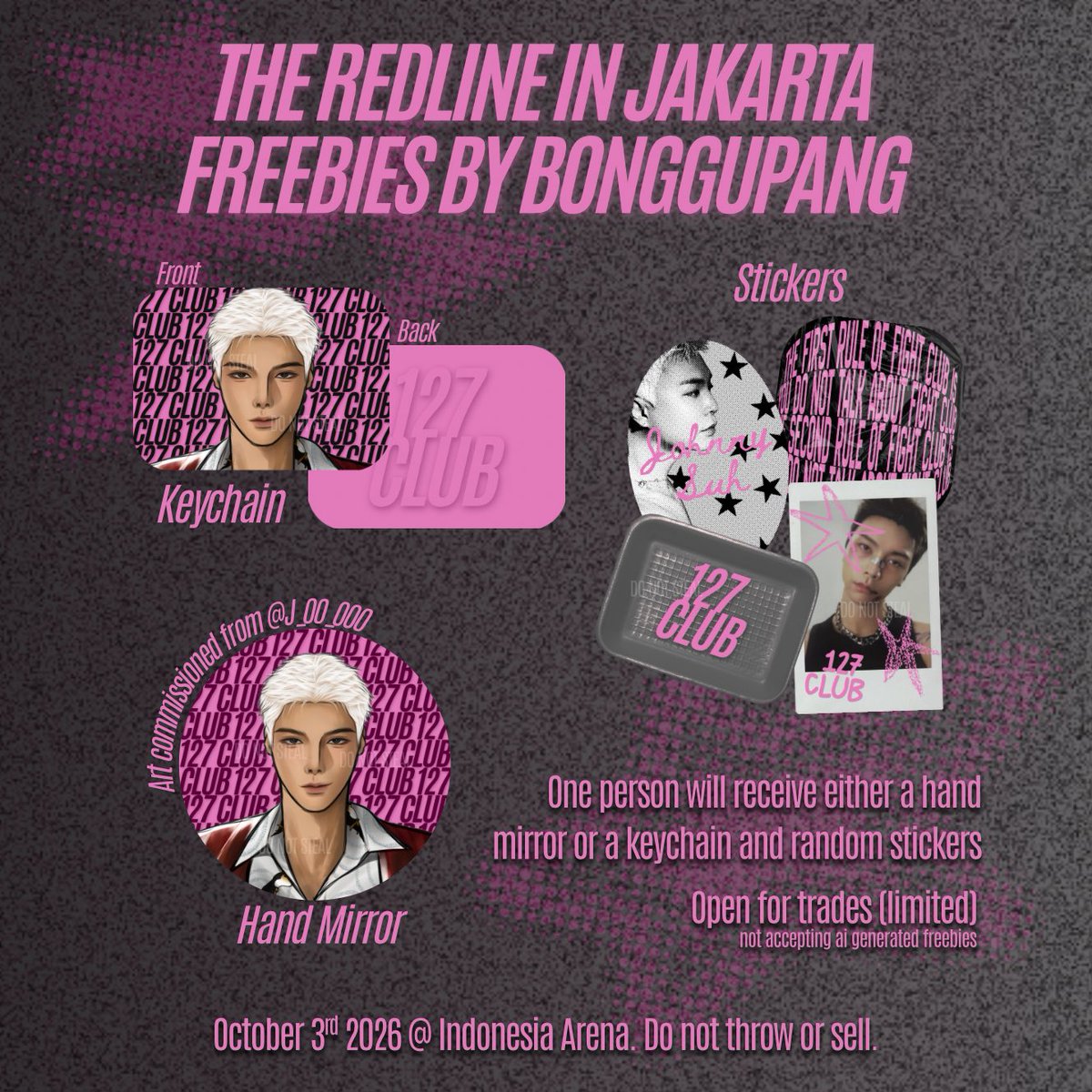 bonggupang's tweet photo. the first rule of fight club is: you do not talk about fight club.

NCT 127 NEO CITY - THE REDLINE in Jakarta Freebies by @bonggupang 
Art commissioned from @/J_00_000 

🎁 keychain or hand mirror + stickers
📆 oct 3rd 2026

repost are appreciated. no need to follow.

#JOHNNY https://t.co/aASigXeSFW