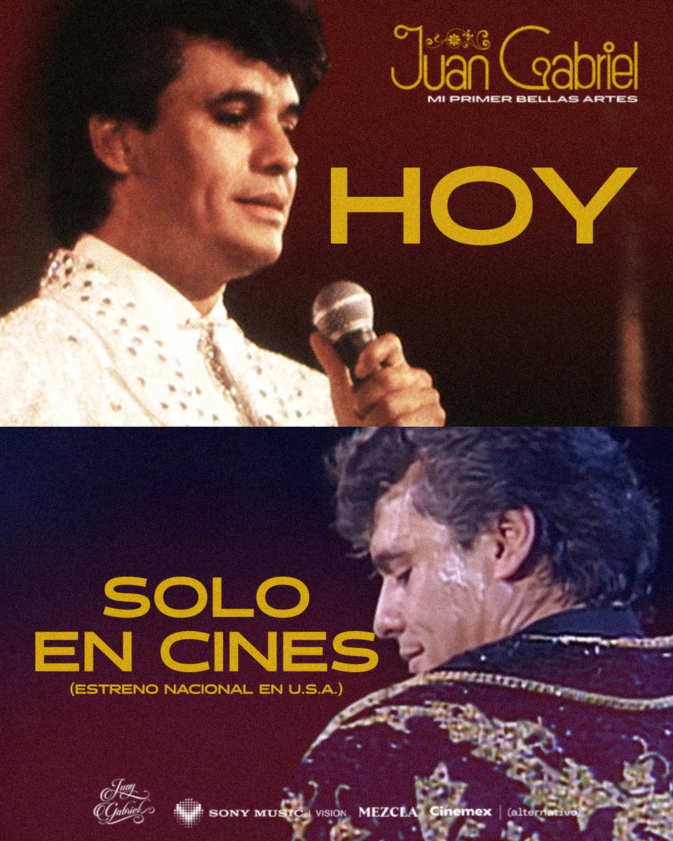 soyjuangabriel's tweet photo. Juan Gabriel: Mi Primer Bellas Artes ya está oficialmente en cines en todo Estados Unidos — prepara las palomitas, los pañuelos, y tus zapatos de baile, y alístate para cantar cada palabra con nosotros. No te pierdas el concierto que sigue haciendo historia, ahora en la pantalla grande. Consigue tus boletos ahora en https://t.co/LUt1ePyYn3.