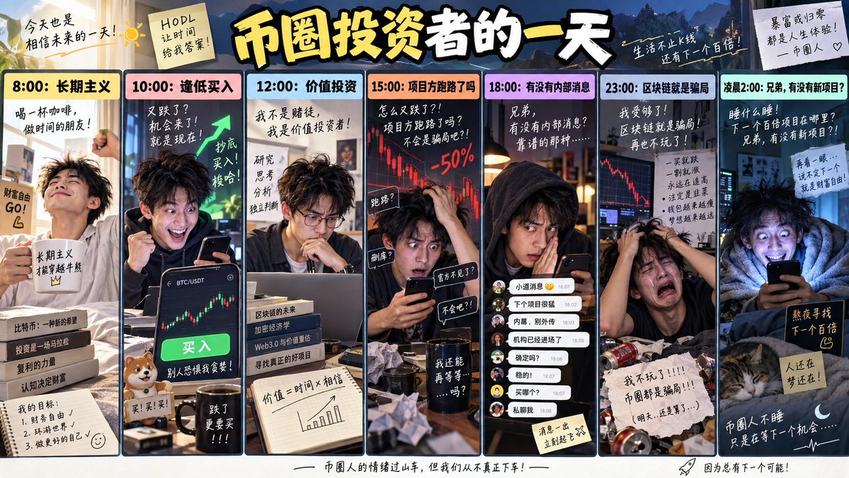 hc_233's tweet photo. 币圈投资者的一天：

8:00：长期主义
10:00：逢低买入
12:00：价值投资
15:00：项目方跑路了吗
18:00：有没有内部消息
23:00：区块链就是骗局
凌晨2:00：兄弟，有没有新项目？ https://t.co/NHm6LCcix6