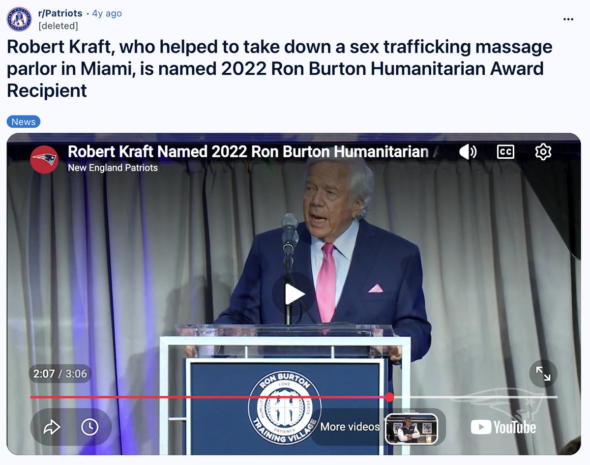 5149jamesli's tweet photo. In 2019, Robert Kraft was charged with paying for sex at a Florida massage parlor that the police called a "trafficking front."

In 2022, the Patriots gave him an award for his role in "exposing" the sex trafficking massage parlor.

You can't make this shit up... 😑 https://t.co/VgRFuxJz7H
