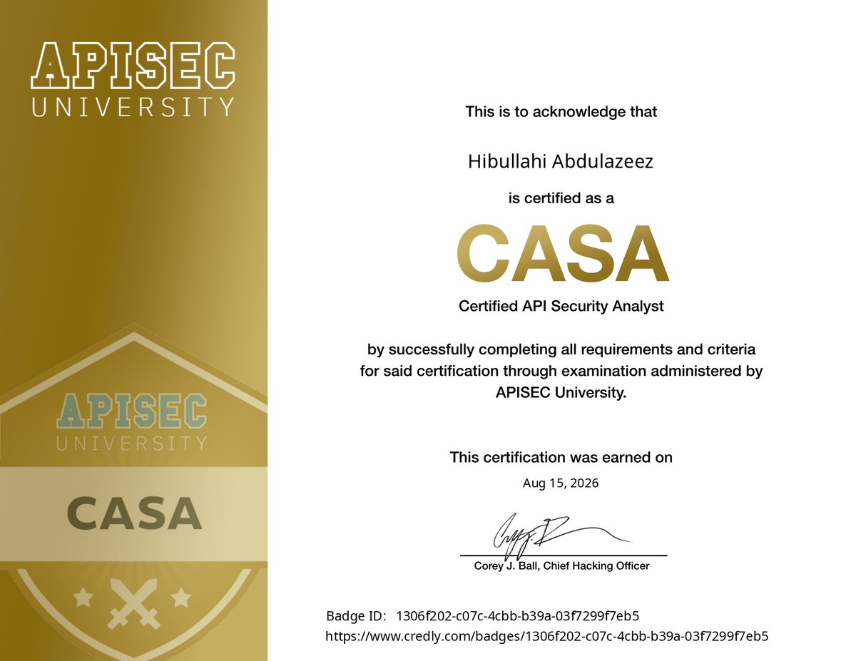 0xcyb3rleo's tweet photo. Alhamdulillah, another milestone! ACP Certified ๐ฏ๐
Exactly a month after passing my CASA, I knocked out some more @apisecu courses and just passed the ACP!.
Huge thanks to the AU team for the awesome resources. Dropping both certs below! ๐๐ฅ
#CyberSecurity #APIsec #AppSec https://t.co/HspmQK96P2